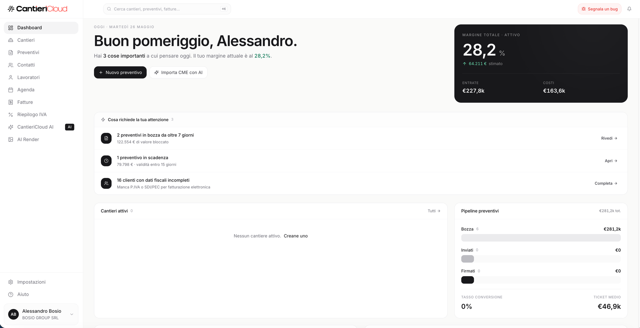 Dashboard del gestionale edile CantieriCloud: cantieri attivi, preventivi, margine in tempo reale e pipeline trattative
