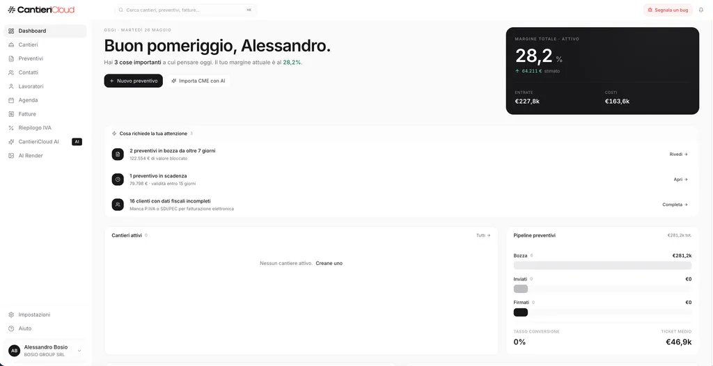 Dashboard del gestionale edile CantieriCloud: cantieri attivi, preventivi, margine in tempo reale e pipeline trattative